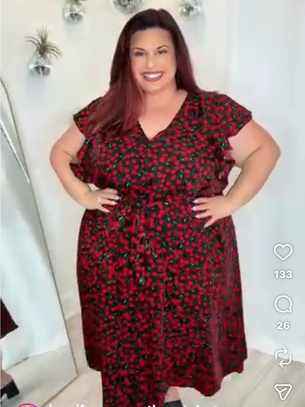 Plus Size Red and Black Cherry  V-Neck Midi Dress